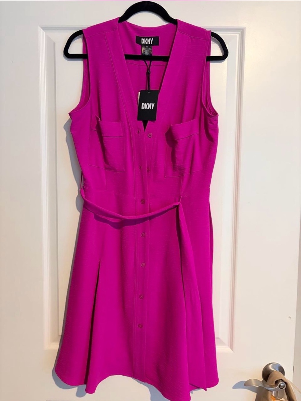 DKNY Magenta Sleeveless Button-Front Dress with Self-Tie